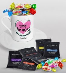Kişiye Özel Dünyanın En İyi Annesi Tasarımlı Türk Kahvesi Fincanı Selamlique Karışık Türk Kahvesi ve Haribo Şeker Hediye Seti-11