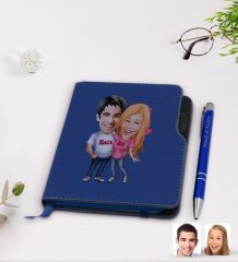 Kişiye Özel Sevgililer Karikatürlü Lacivert Termo Deri Defter Kalem Seti-5