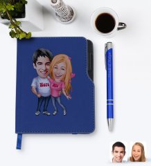 Kişiye Özel Sevgililer Karikatürlü Lacivert Termo Deri Defter Kalem Seti-5
