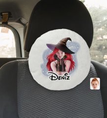 Kişiye Özel İsimli Kadın Cadı Karikatürlü Yuvarlak Araç Koltuk Yastığı-2
