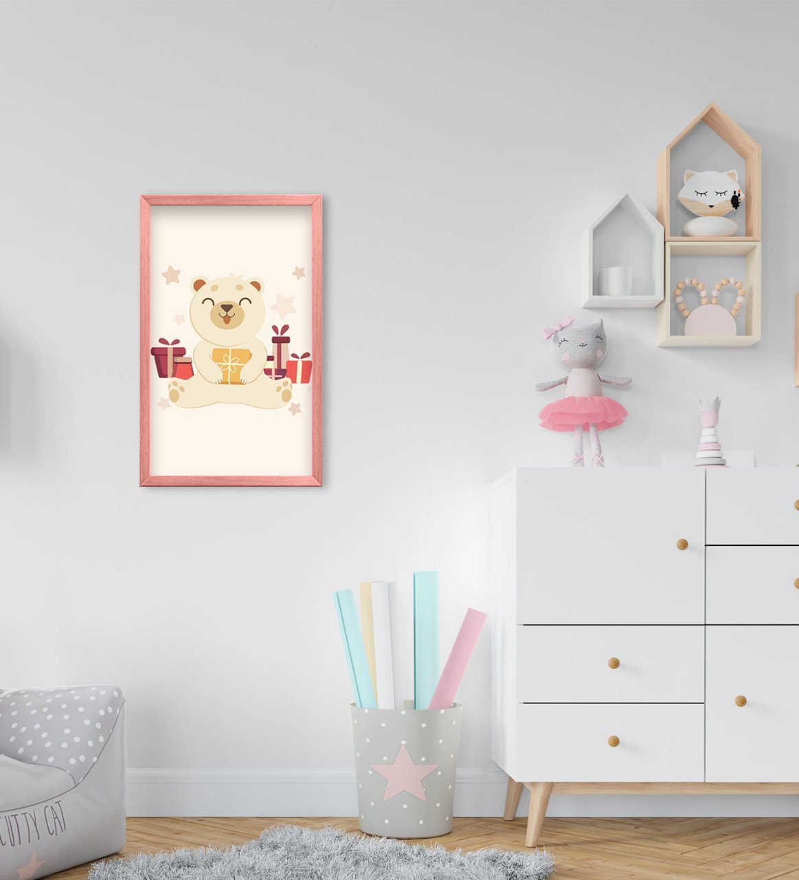 BK Home Sevimli Ayıcık Tasarımlı Dekoratif Pembe Ahşap Çerçeveli Çocuk Odası Tablo-1