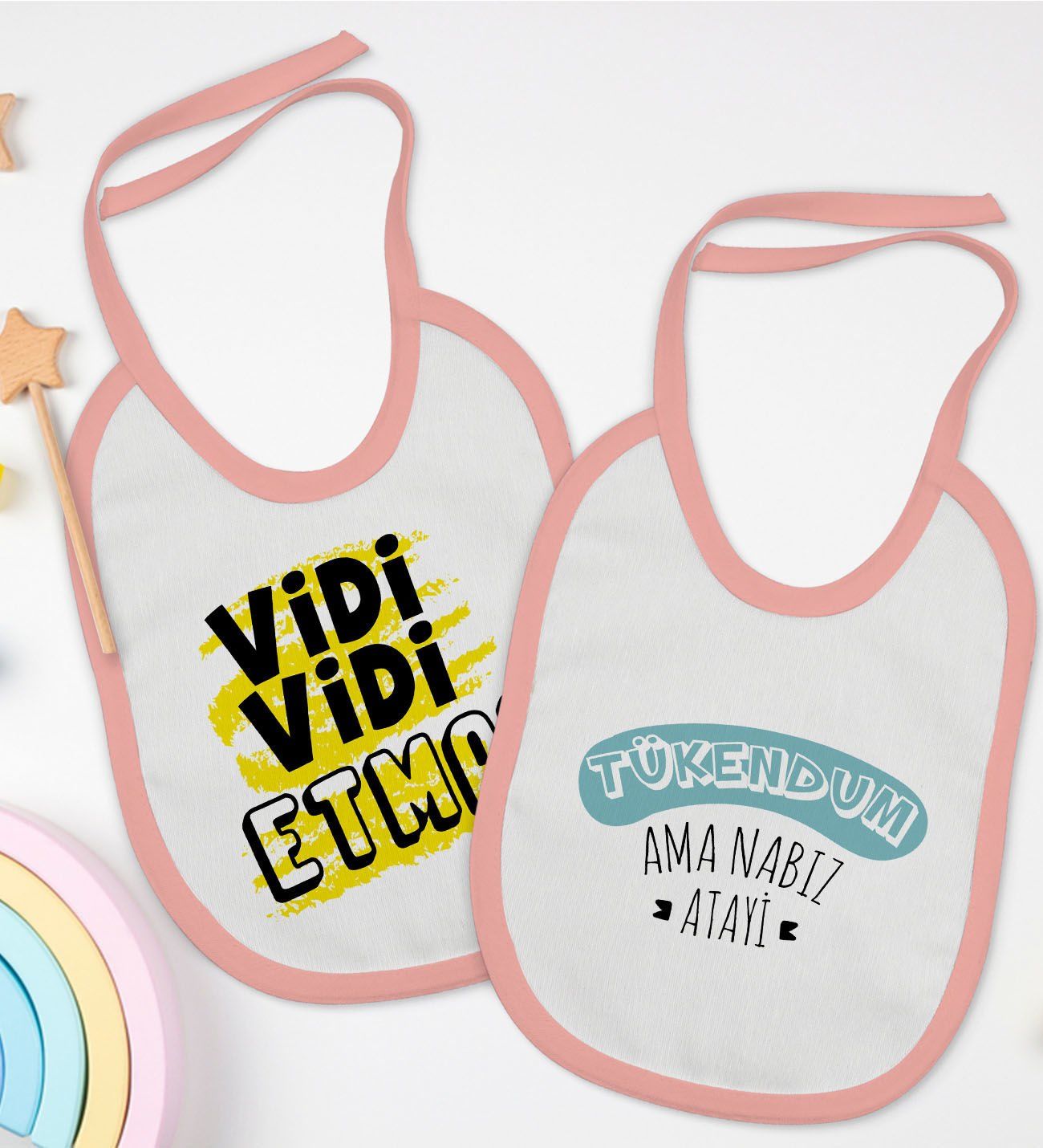 BK Kids Vidi Vidi Etma ve Tukendum Tasarımlı 2’li Pembe Mama Önlüğü-1