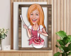 BK Gift Kişiye Özel Kadın Aşçı Karikatürlü 3D Ahşap Tablo, Sevgiliye Hediye, Arkadaşa Hediye, Yıl Dönümü Hediyesi, Doğum Günü Hediyesi-1
