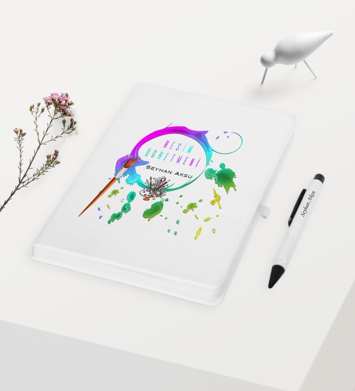 Kişiye Özel Resim Öğretmeni Temalı Beyaz Defter Kalem Hediye Seti - 4