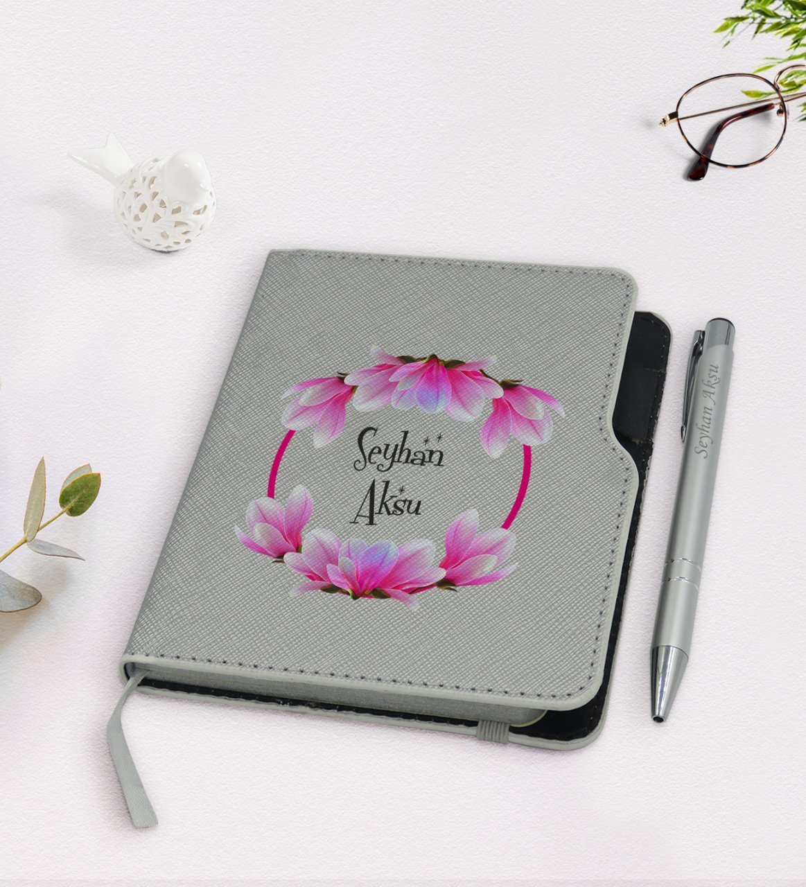 Kişiye Özel İsimli Gri Termo Deri Defter Kalem Seti-11