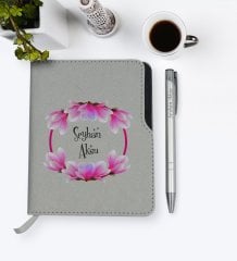 Kişiye Özel İsimli Gri Termo Deri Defter Kalem Seti-11