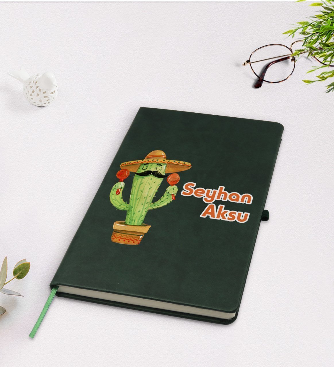 Kişiye Özel Kaktüs Tasarımlı Yeşil Termo Deri Defter Model 7