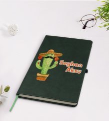 Kişiye Özel Kaktüs Tasarımlı Yeşil Termo Deri Defter Model 7