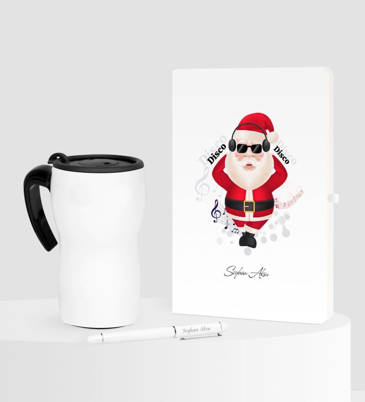 Kişiye Özel Yılbaşı Noel Baba Temalı Beyaz Defter Kalem Termos Mug Seti - 1