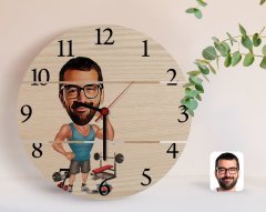 Kişiye Özel Erkek Fitnesscı Karikatürlü Otantik Ahşap Palet Saat-1