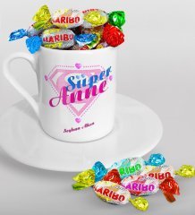 Kişiye Özel Süper Anne Tasarımlı Türk Kahvesi Fincanı ve Haribo Şeker Hediye Seti-2