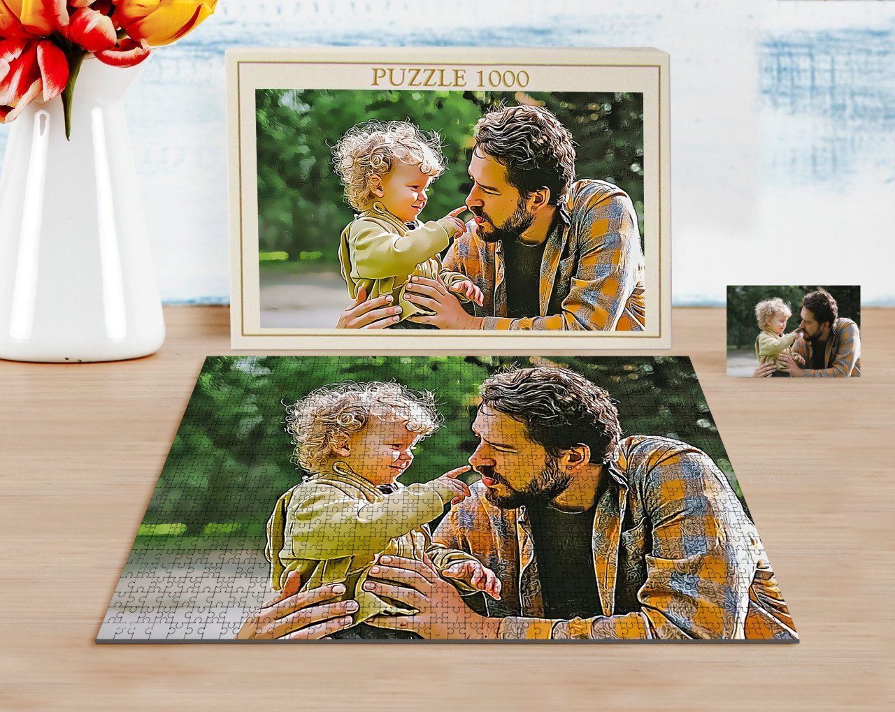 Kişiye Özel Tam Boy Baba ve Oğul Karikatürlü 1000 Parça Profesyonel Puzzle-1