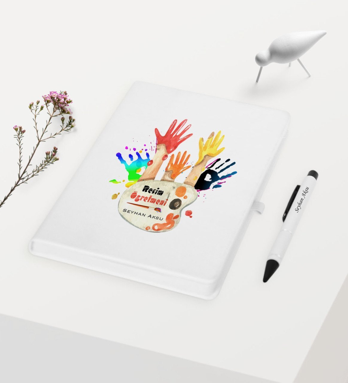 Kişiye Özel Resim Öğretmeni Temalı Beyaz Defter Kalem Hediye Seti - 3