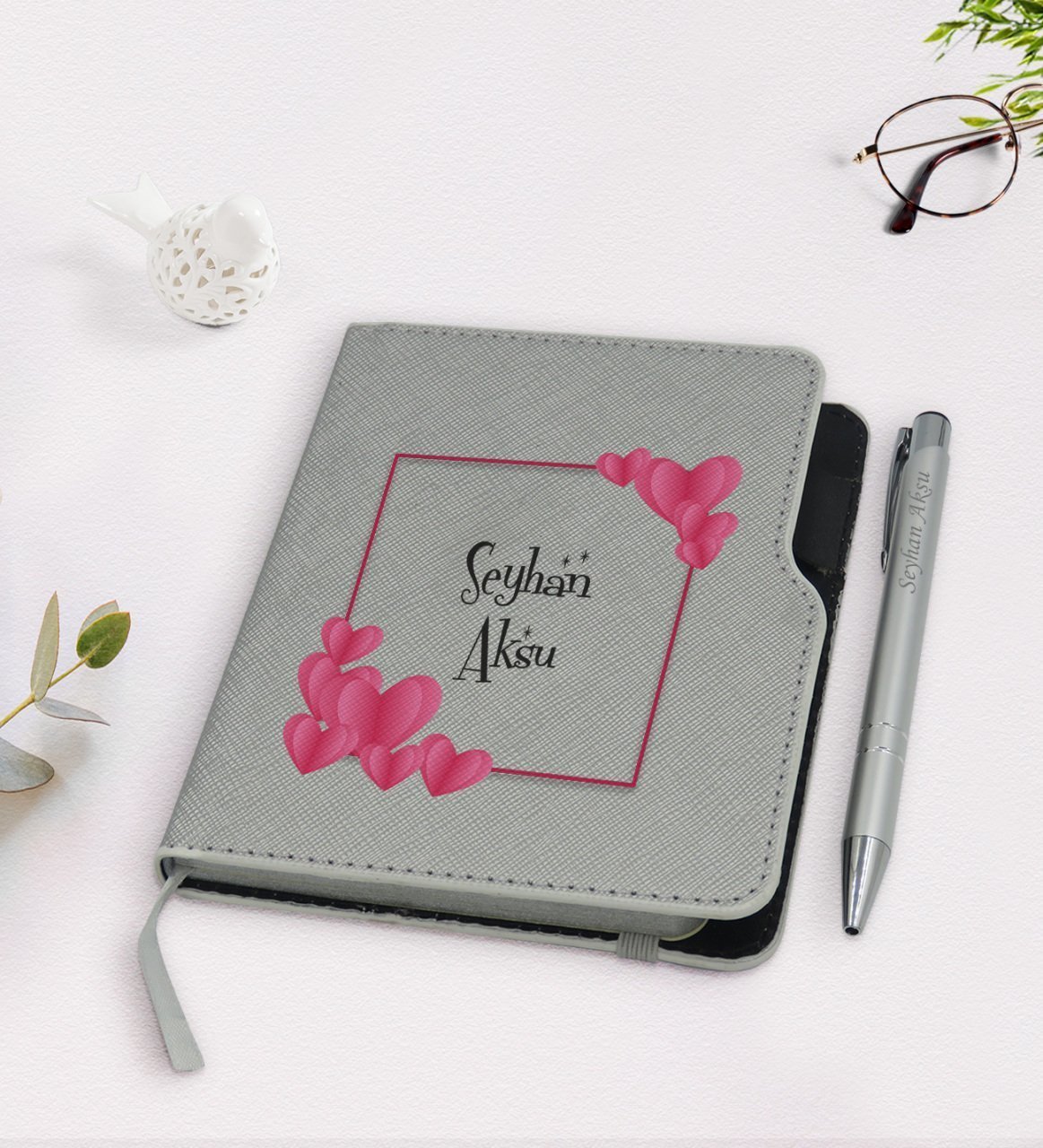 Kişiye Özel İsimli Gri Termo Deri Defter Kalem Seti-10