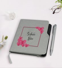 Kişiye Özel İsimli Gri Termo Deri Defter Kalem Seti-10