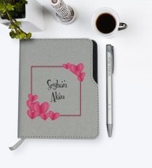 Kişiye Özel İsimli Gri Termo Deri Defter Kalem Seti-10