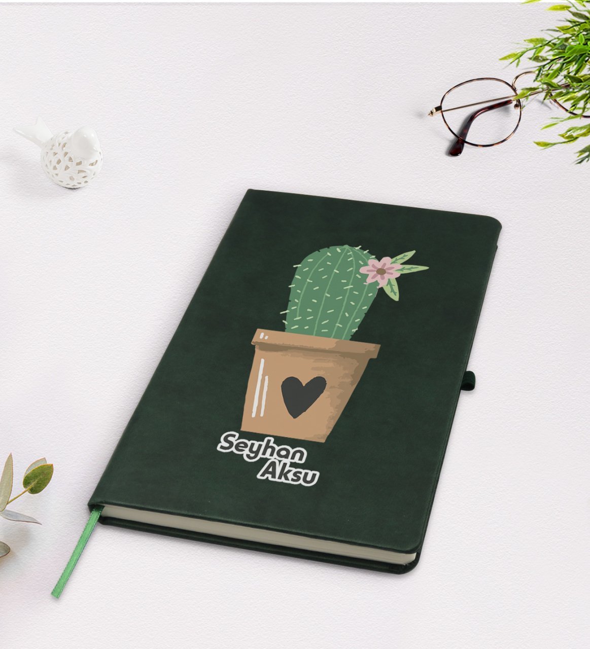 Kişiye Özel Kaktüs Tasarımlı Yeşil Termo Deri Defter Model 6