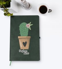 Kişiye Özel Kaktüs Tasarımlı Yeşil Termo Deri Defter Model 6