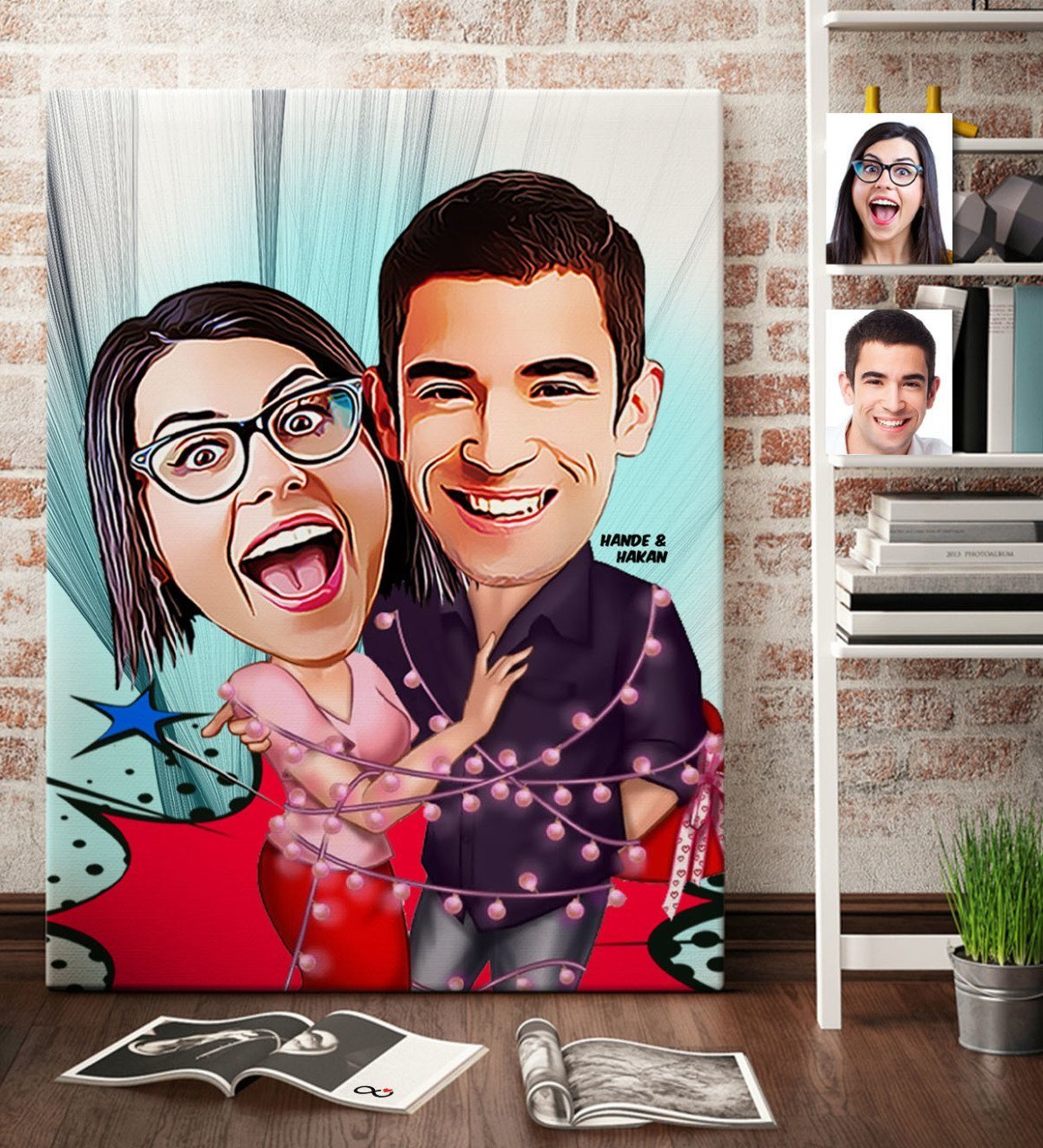 Kişiye Özel Sevgililer Karikatür Kanvas Tablo (70 x 100 cm.) 2