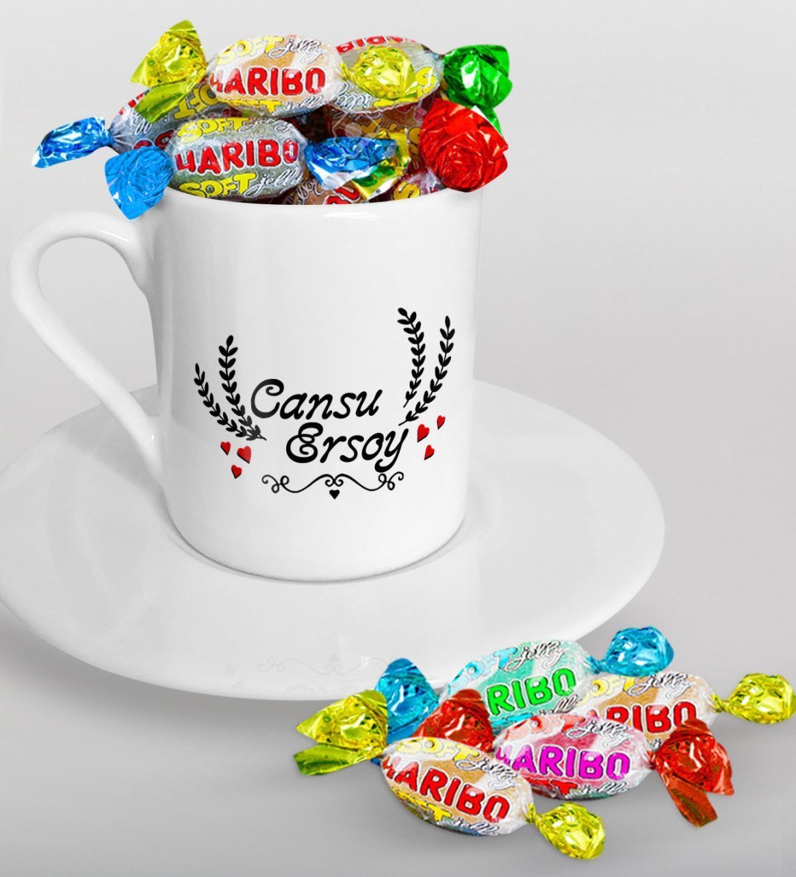 Kişiye Özel Sevgililer Günü Türk Kahvesi Fincanı ve Haribo Şeker Hediye Seti-30