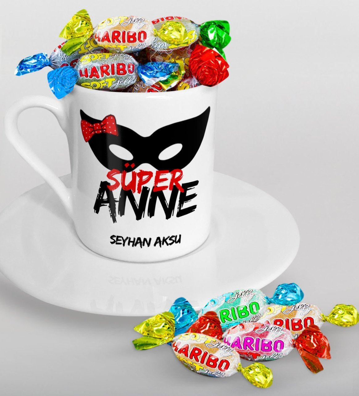 Kişiye Özel Süper Anne Tasarımlı Türk Kahvesi Fincanı ve Haribo Şeker Hediye Seti-1
