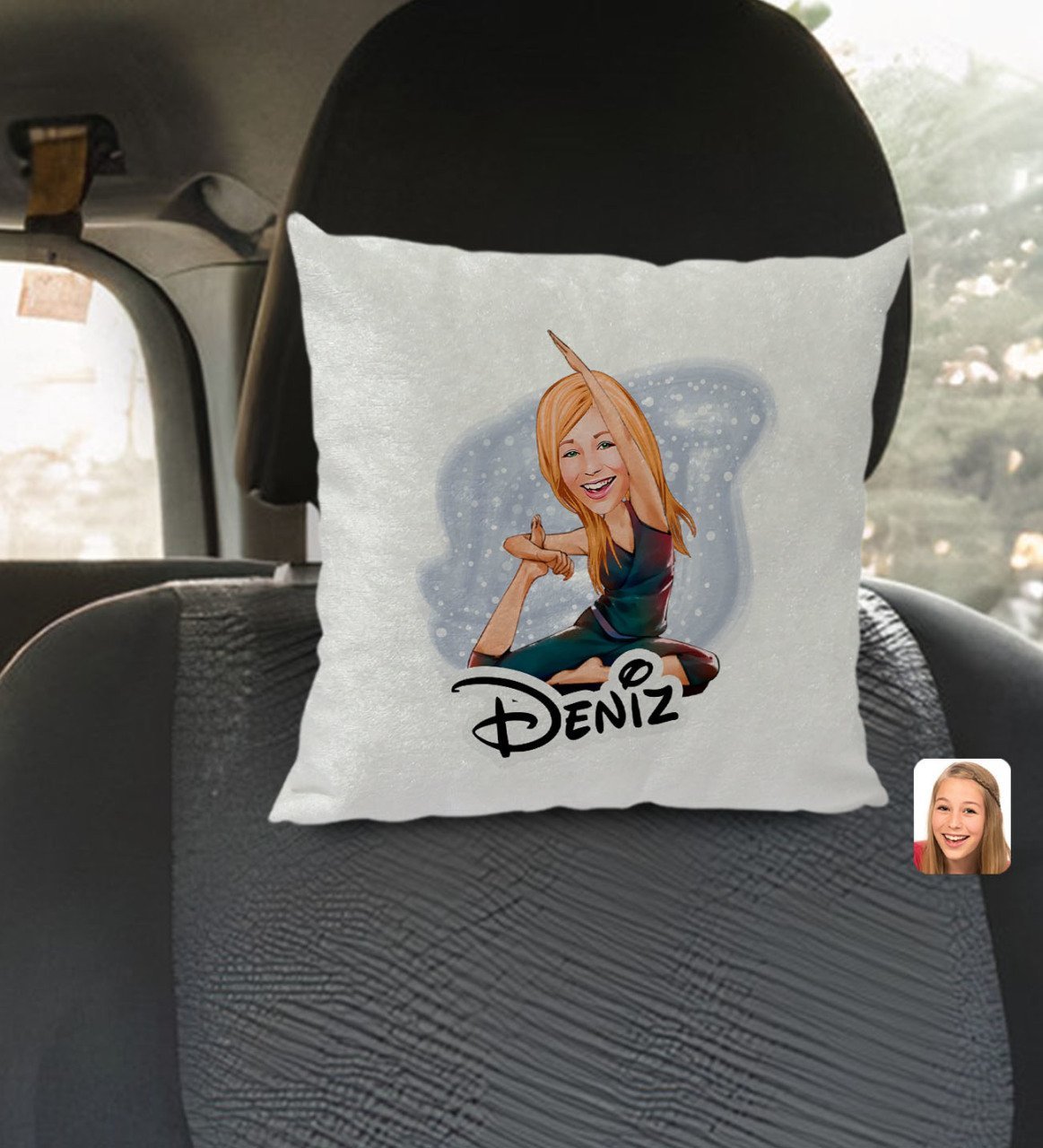 Kişiye Özel İsimli Kadın Yoga Karikatürlü Kare Araç Koltuk Yastığı-2
