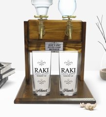 Kişiye Özel Renkli Baskılı Rakı İçmemiz Gereken Tasarımlı İkili Rakı Bardağı ve Çift Musluklu Doğal Ahşap Rakı Standı-1