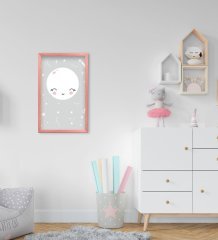 BK Home Sevimli Ay Tasarımlı Dekoratif Pembe Ahşap Çerçeveli Çocuk Odası Tablo-1
