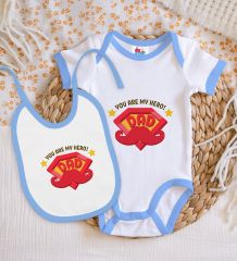 BK Kids My Hero Dad Tasarımlı Mavi Bebek Body Zıbın ve Mama Önlüğü Hediye Seti-1