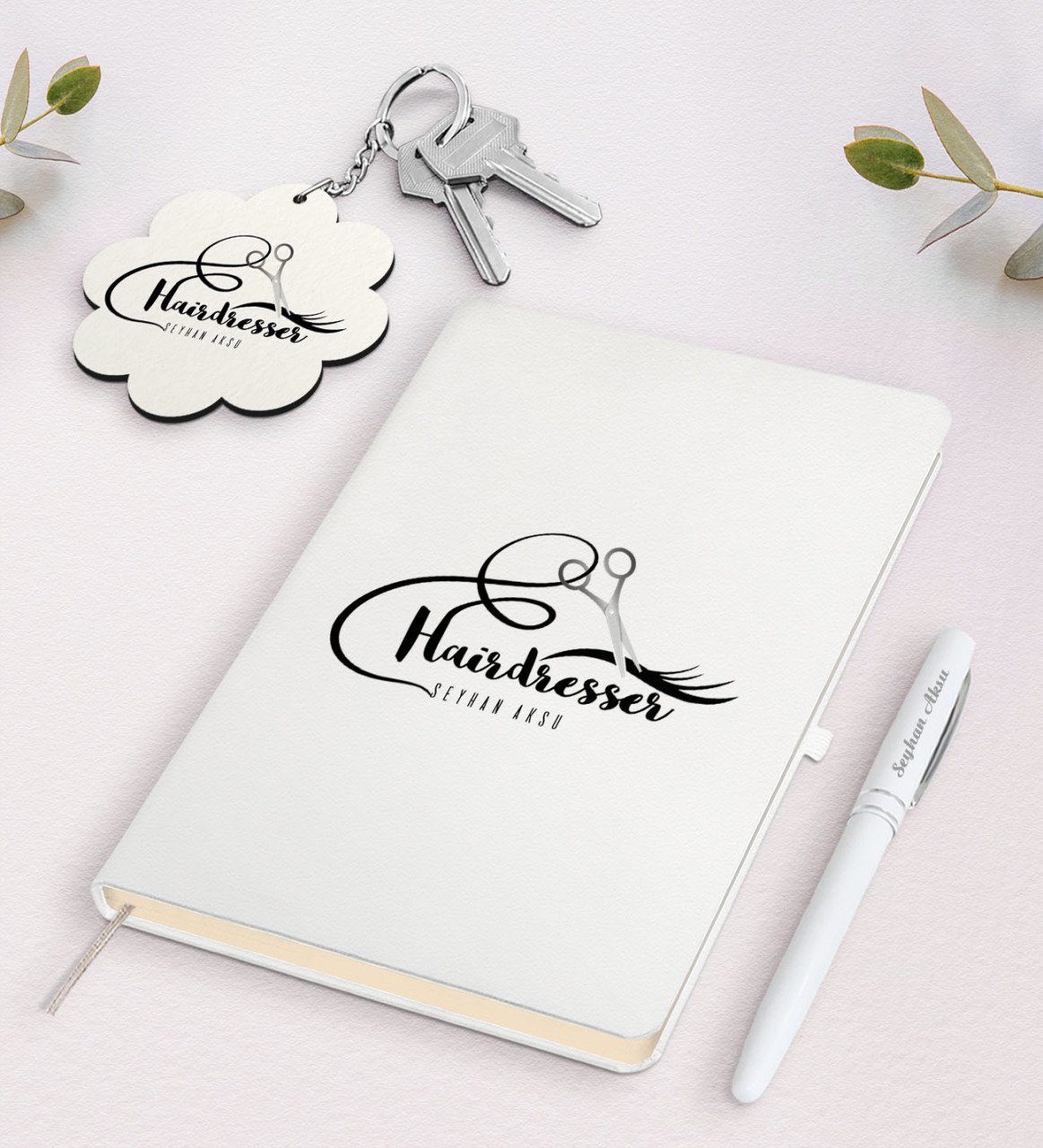Kişiye Özel Saç Stilisti Beyaz Defter Kalem ve Anahtarlık Hediye Seti-3