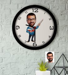 Kişiye Özel Erkek Öğretmen Karikatürlü Ahşap Duvar Saati-4