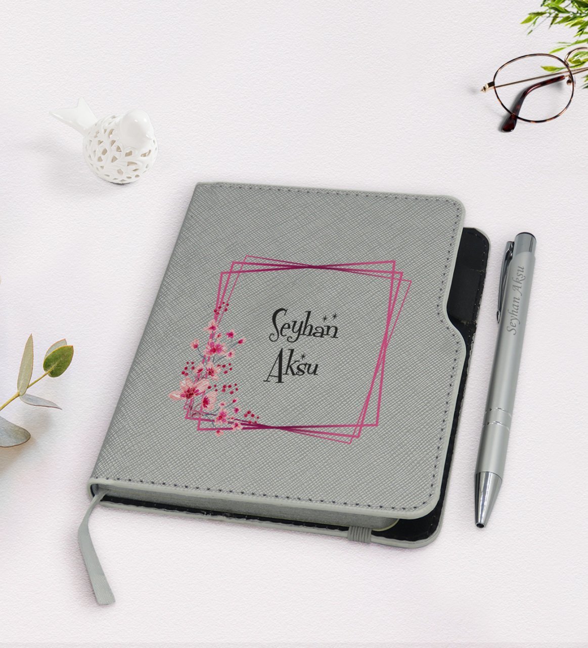 Kişiye Özel İsimli Gri Termo Deri Defter Kalem Seti-9