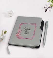 Kişiye Özel İsimli Gri Termo Deri Defter Kalem Seti-9