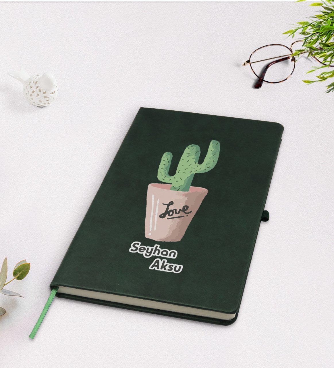 Kişiye Özel Kaktüs Tasarımlı Yeşil Termo Deri Defter Model 5