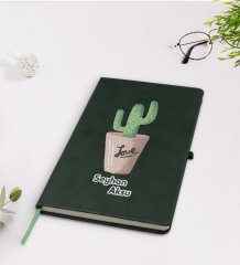Kişiye Özel Kaktüs Tasarımlı Yeşil Termo Deri Defter Model 5
