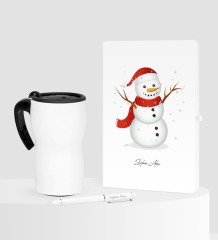 Kişiye Özel Yılbaşı Kardan Adam Temalı Beyaz Defter Kalem Termos Mug Seti - 2