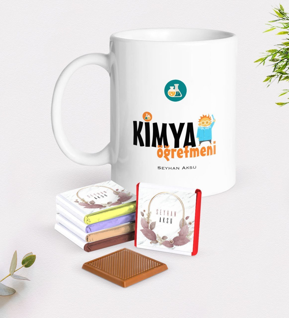Kişiye Özel Kimya Öğretmeni Beyaz Kupa ve Çikolata Hediye Seti-1