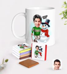 Kişiye Özel Erkek Yeni Yıl Karikatürlü Beyaz Kupa ve Çikolata Hediye Seti-3