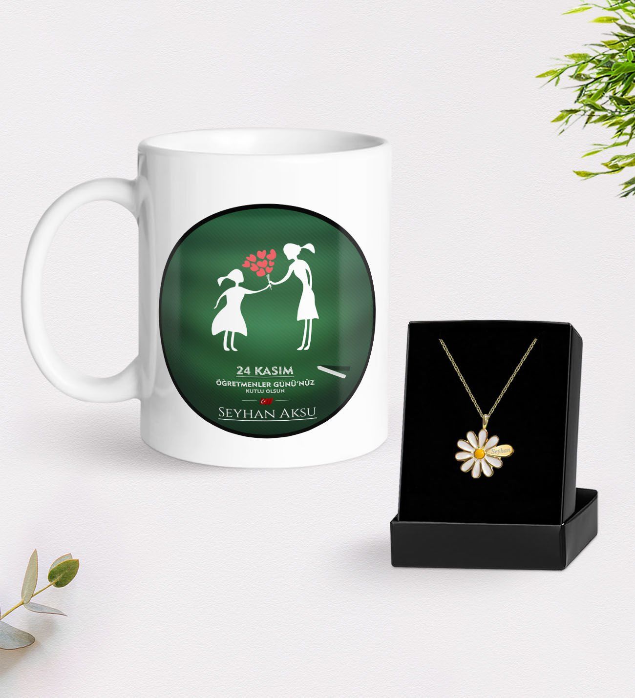 BK Gift Kişiye Özel Öğretmenler Günü Beyaz Kupa ve İsimli Papatya Kolye Hediye Seti- 18, Öğretmene Hediye, Öğretmenler Günü