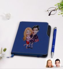 Kişiye Özel Sevgililer Karikatürlü Lacivert Termo Deri Defter Kalem Seti-2