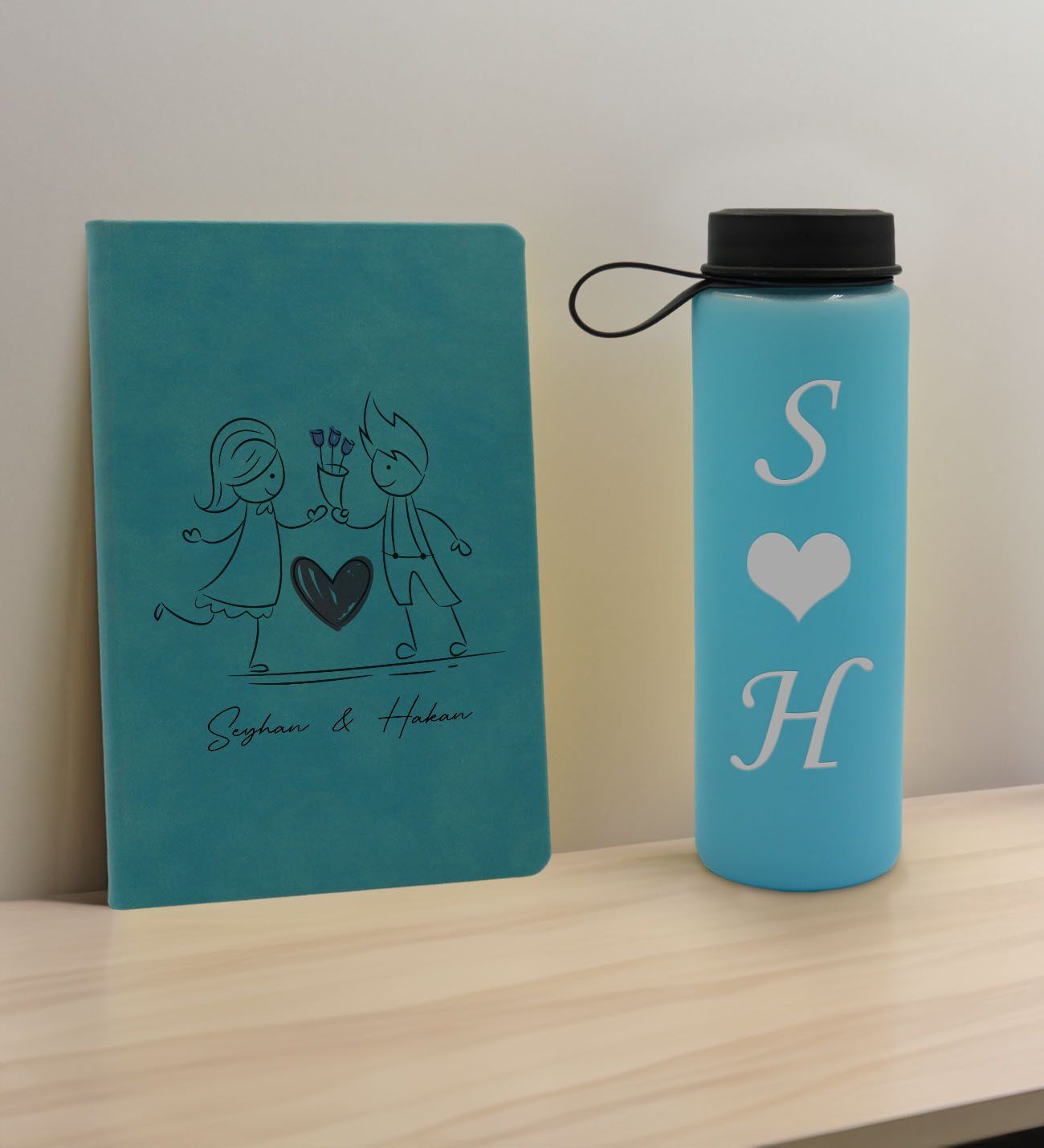 BK Gift Sevgiliye Özel İsimli Turkuaz Defter ve Cam Matara Hediye Seti-6, Sevgiliye Hediye, Sevgililer Günü, Yeni İş Hediyesi