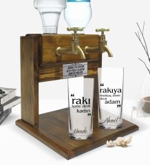 Kişiye Özel Renkli Baskılı Rakı İçme Dedi Kadın Tasarımlı İkili Rakı Bardağı ve Çift Musluklu Doğal Ahşap Rakı Standı-1