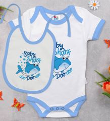 BK Kids Baby Shark Tasarımlı Mavi Bebek Body Zıbın ve Mama Önlüğü Hediye Seti-1