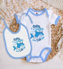 BK Kids Baby Shark Tasarımlı Mavi Bebek Body Zıbın ve Mama Önlüğü Hediye Seti-1