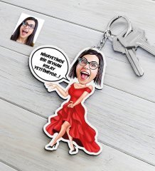 Kişiye Özel Bayan Kolay Yetişmiyor Karikatürlü Ahşap Anahtarlık-1