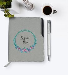 Kişiye Özel İsimli Gri Termo Deri Defter Kalem Seti-8