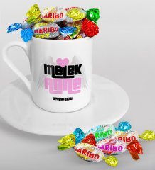 Kişiye Özel Melek Anne Tasarımlı Türk Kahvesi Fincanı ve Haribo Şeker Hediye Seti-1