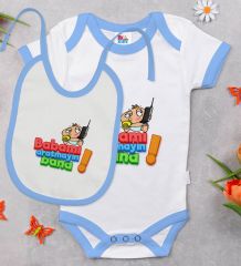 BK Kids Babamı Aratmayın Bana Tasarımlı Mavi Bebek Body Zıbın ve Mama Önlüğü Hediye Seti-1