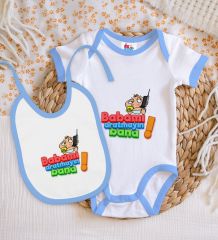BK Kids Babamı Aratmayın Bana Tasarımlı Mavi Bebek Body Zıbın ve Mama Önlüğü Hediye Seti-1