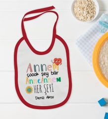 BK Kids Kişiye Özel Annem Çok Şeyi Bilir Tasarımlı Kırmızı Bebek Mama Önlüğü-1